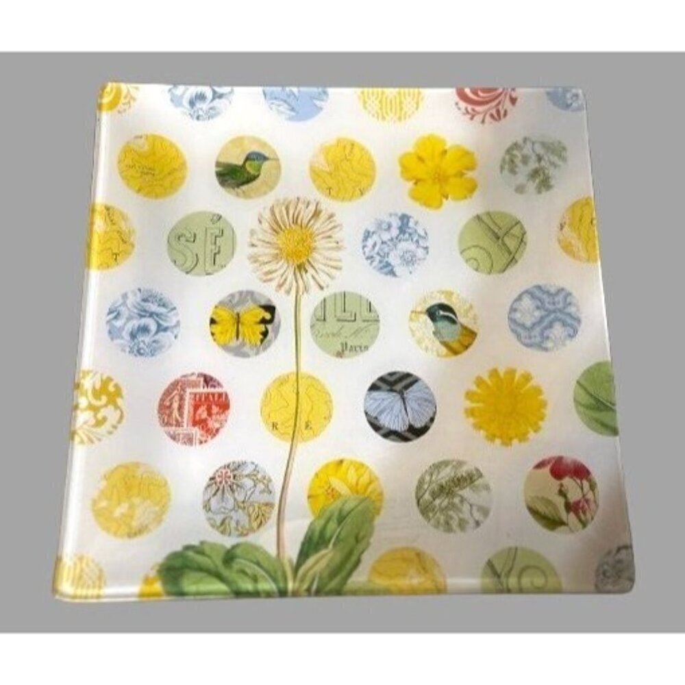 Pringle Studio Reverse Painted Glass Plate Square Floral Butterfly - 8"